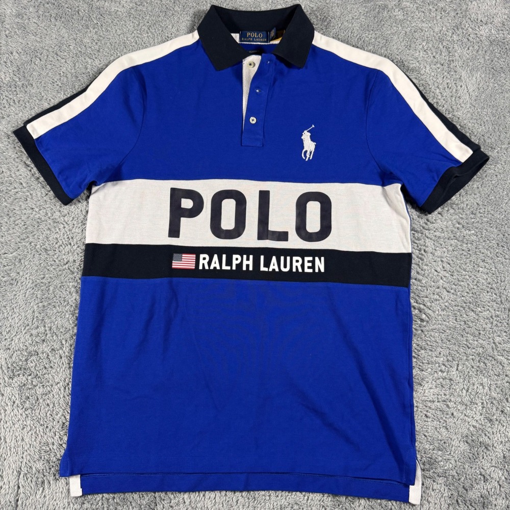 Polo Ralph Lauren Rugby Polo Shirt Mens Small Blue Colorblock Spell Out USA Flag
